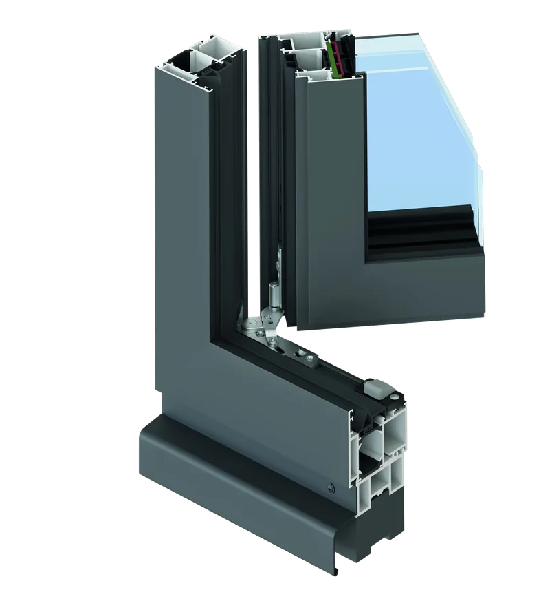 Uradni prerez aluminijastega okna Inotherm Vision s troslojno zasteklitvijo in skritim okovjem